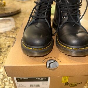 Dr. Martens Women's Black Leather Lace-Up Boots with Yellow Stitching
